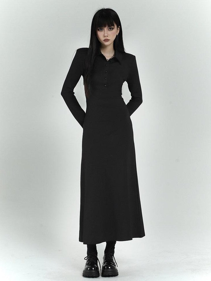 LADYGHOST Black Long Sleeve Polo Shirt Dress Slim Fit Women&