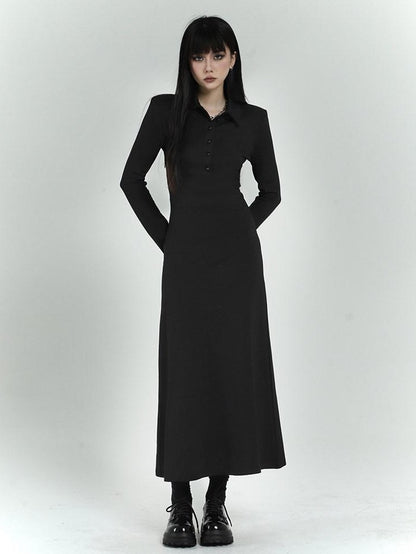 LADYGHOST Black Long Sleeve Polo Shirt Dress Slim Fit Women&