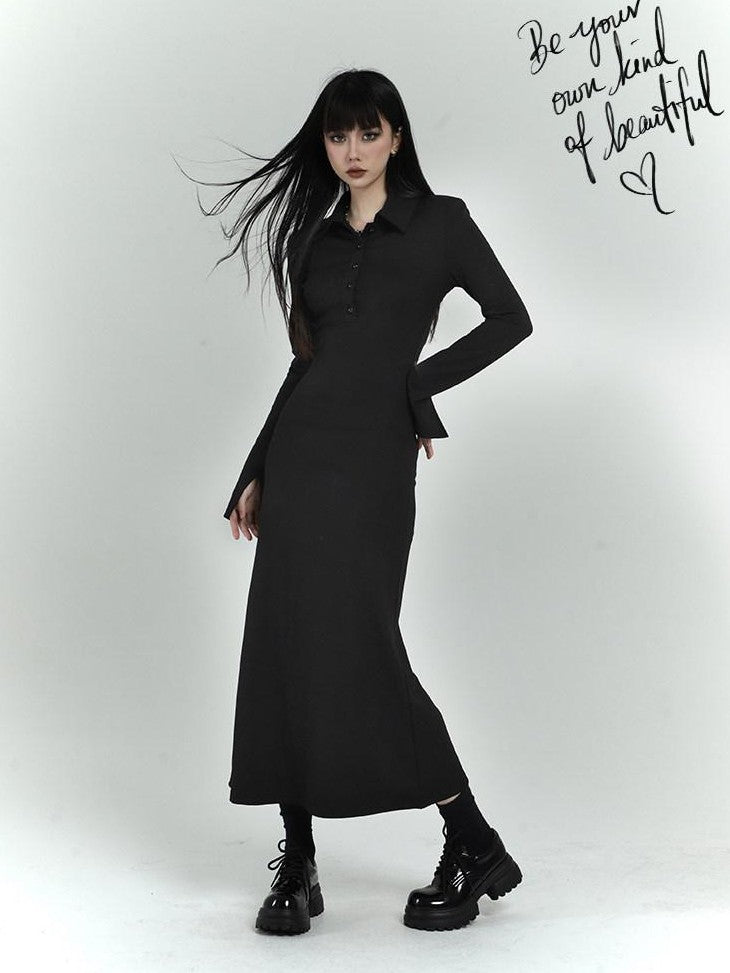 LADYGHOST Black Long Sleeve Polo Shirt Dress Slim Fit Women&