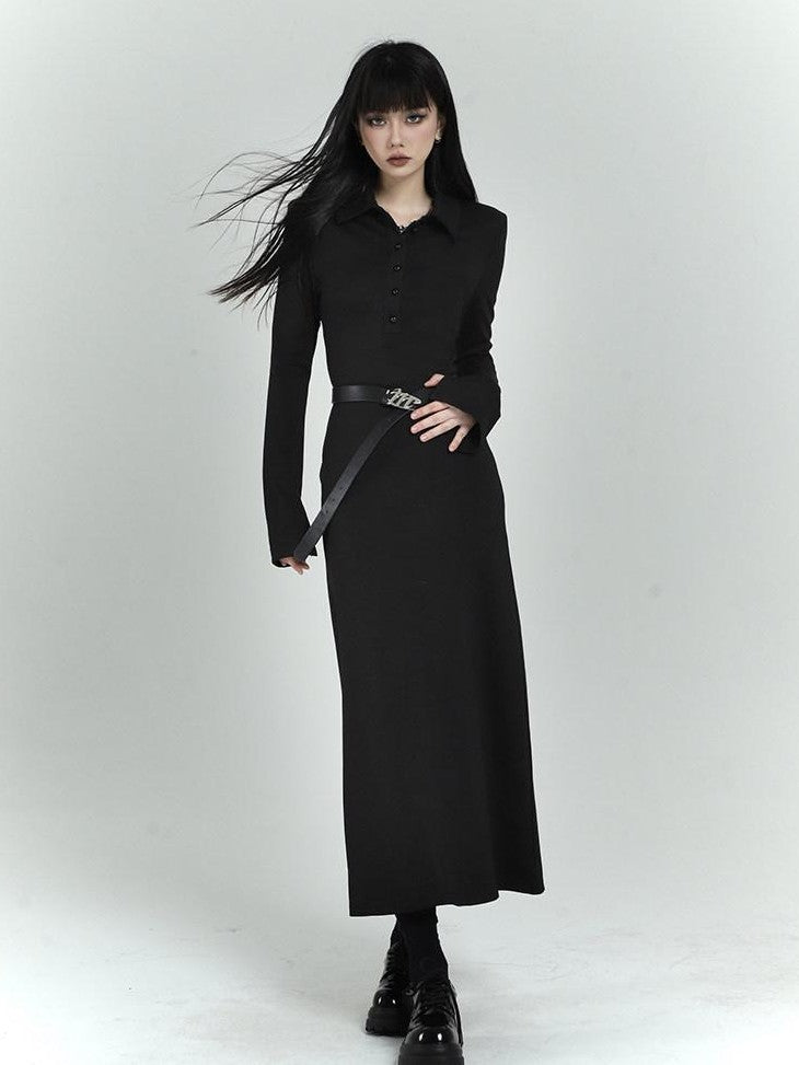 LADYGHOST Black Long Sleeve Polo Shirt Dress Slim Fit Women&