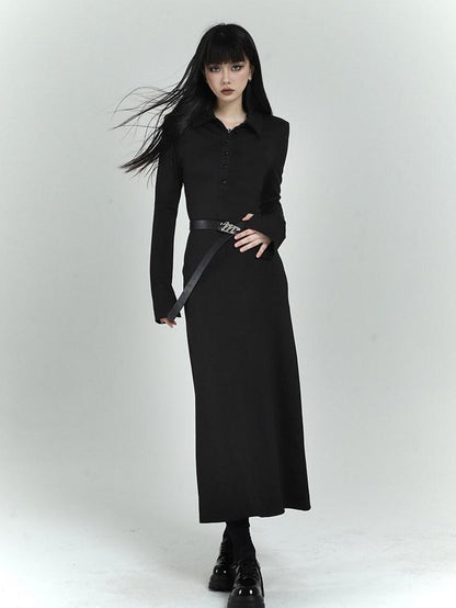 LADYGHOST Black Long Sleeve Polo Shirt Dress Slim Fit Women&