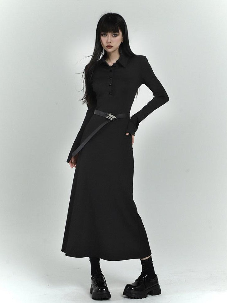 LADYGHOST Black Long Sleeve Polo Shirt Dress Slim Fit Women&