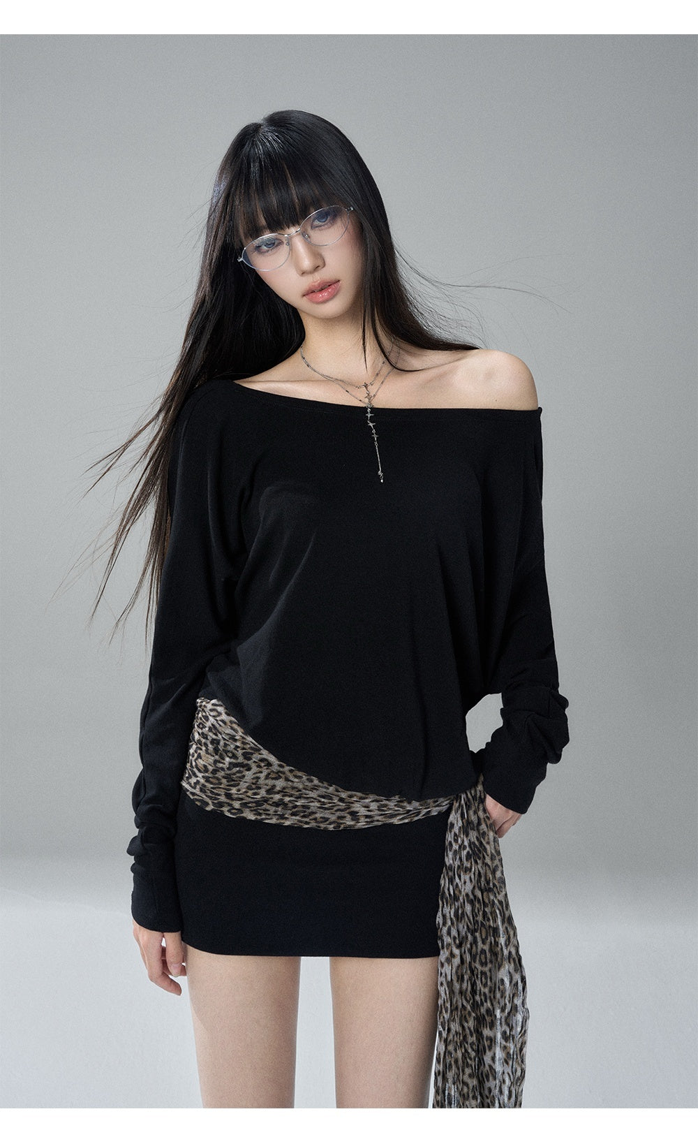 LADYGHOST_Black_Off_Shoulder_Long_Sleeve_Knit_Slim_Fit_Women&
