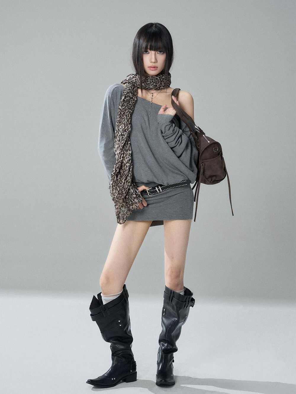 LADYGHOST Black Off Shoulder Long Sleeve Knit Slim Fit Women&