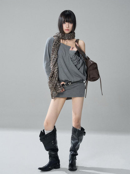LADYGHOST Black Off Shoulder Long Sleeve Knit Slim Fit Women&