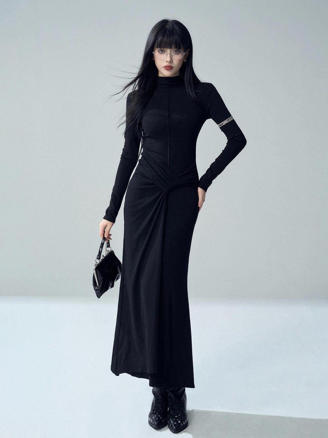 LADYGHOST Black Slimming High Elastic Half High Neck Long Sleeve Women&