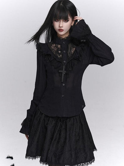 LADYGHOST Black Victorian Gothic Long Sleeve Lace Trim Women&