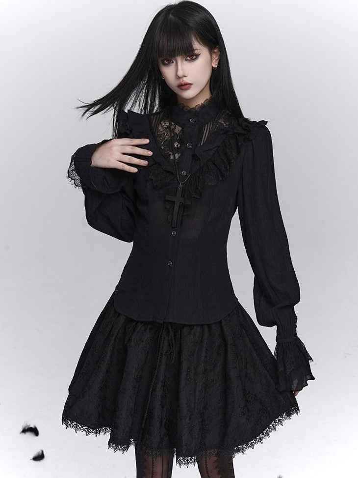 LADYGHOST Black Victorian Gothic Long Sleeve Lace Trim Women&