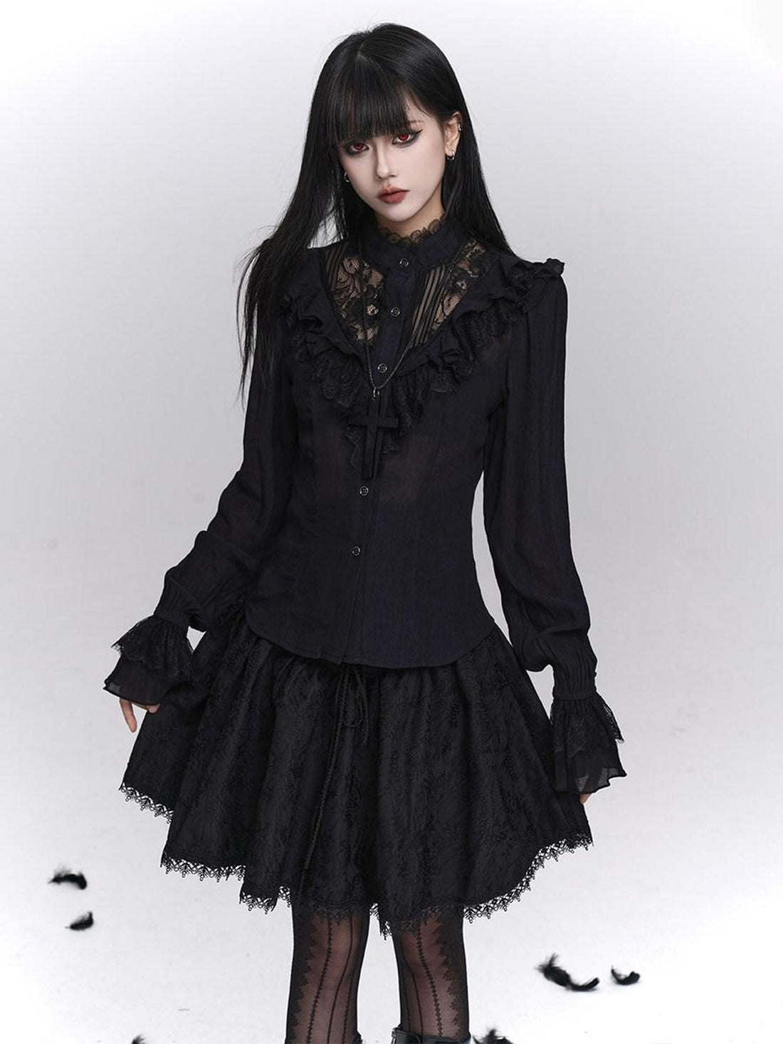 LADYGHOST Black Victorian Gothic Long Sleeve Lace Trim Women&