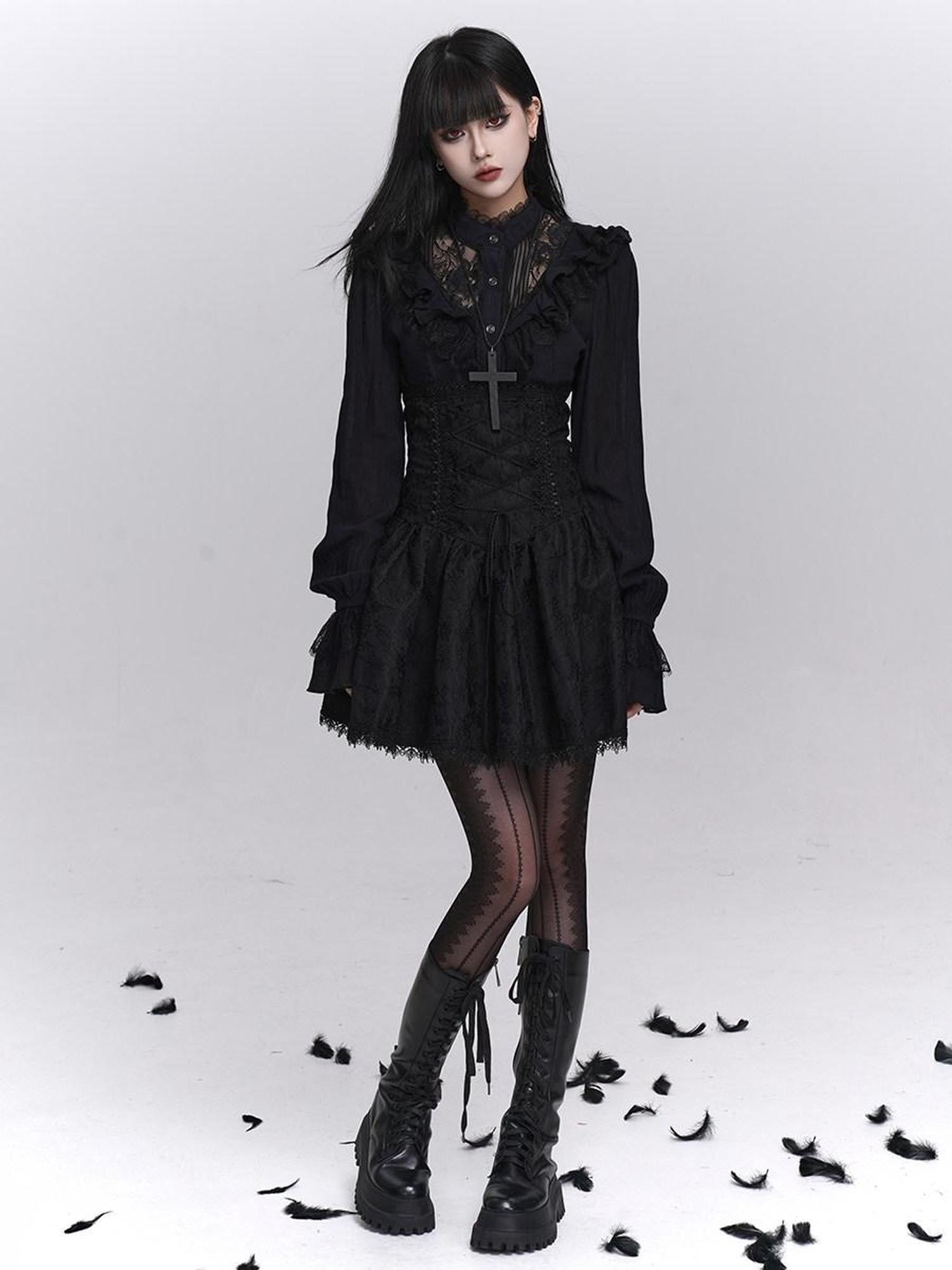 LADYGHOST Black Victorian Gothic Long Sleeve Lace Trim Women&