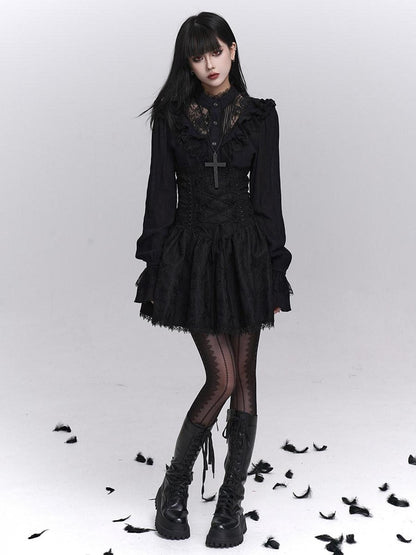 LADYGHOST Black Victorian Gothic Long Sleeve Lace Trim Women&