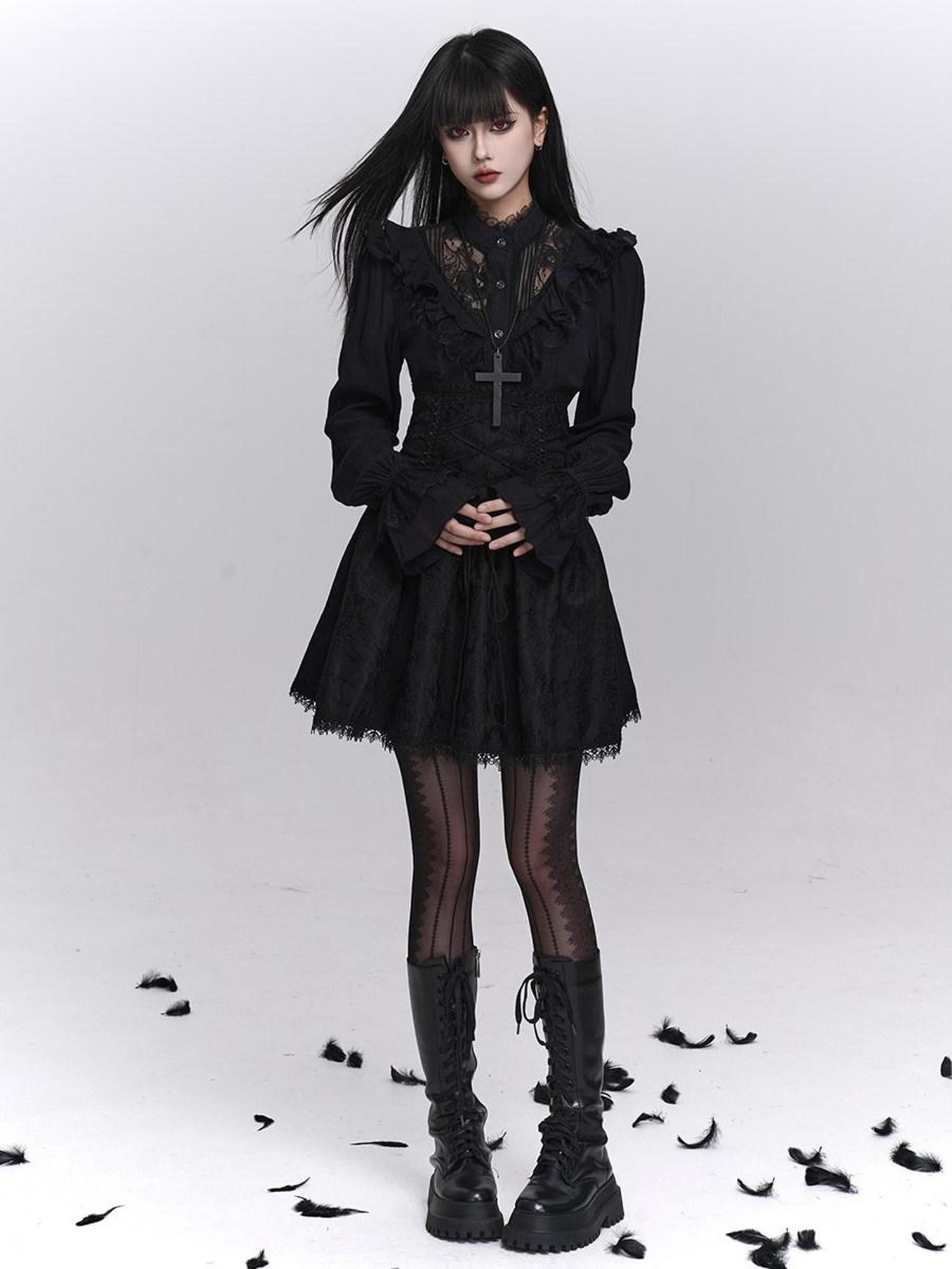 LADYGHOST Black Victorian Gothic Long Sleeve Lace Trim Women&