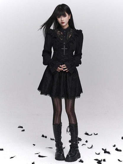 LADYGHOST Black Victorian Gothic Long Sleeve Lace Trim Women&