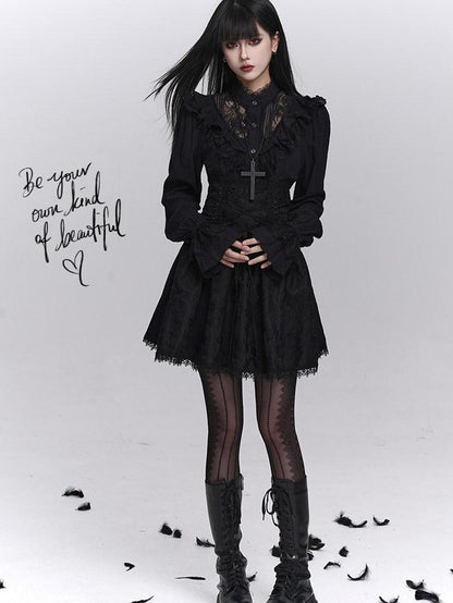 LADYGHOST Black Victorian Gothic Long Sleeve Lace Trim Women&