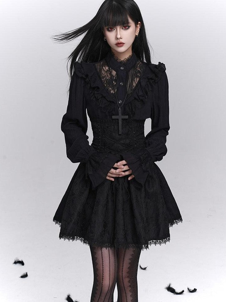 LADYGHOST Black Victorian Gothic Long Sleeve Lace Trim Women&