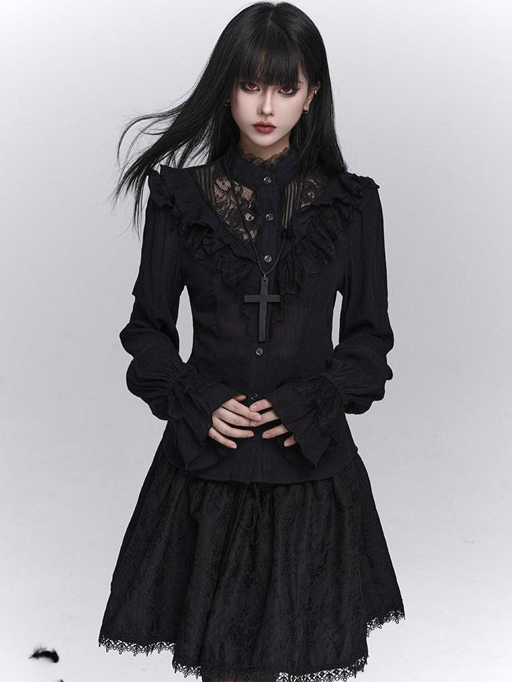 LADYGHOST Black Victorian Gothic Long Sleeve Lace Trim Women&