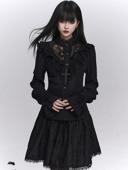 LADYGHOST Black Victorian Gothic Long Sleeve Lace Trim Women&