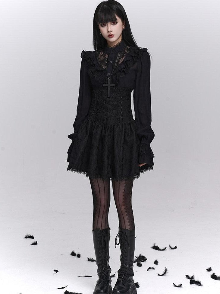 LADYGHOST Black Victorian Gothic Long Sleeve Lace Trim Women&