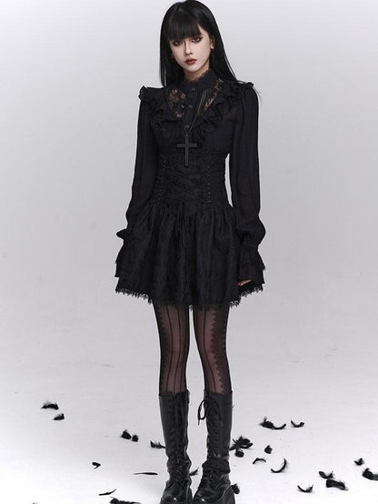 LADYGHOST Black Victorian Gothic Long Sleeve Lace Trim Women&