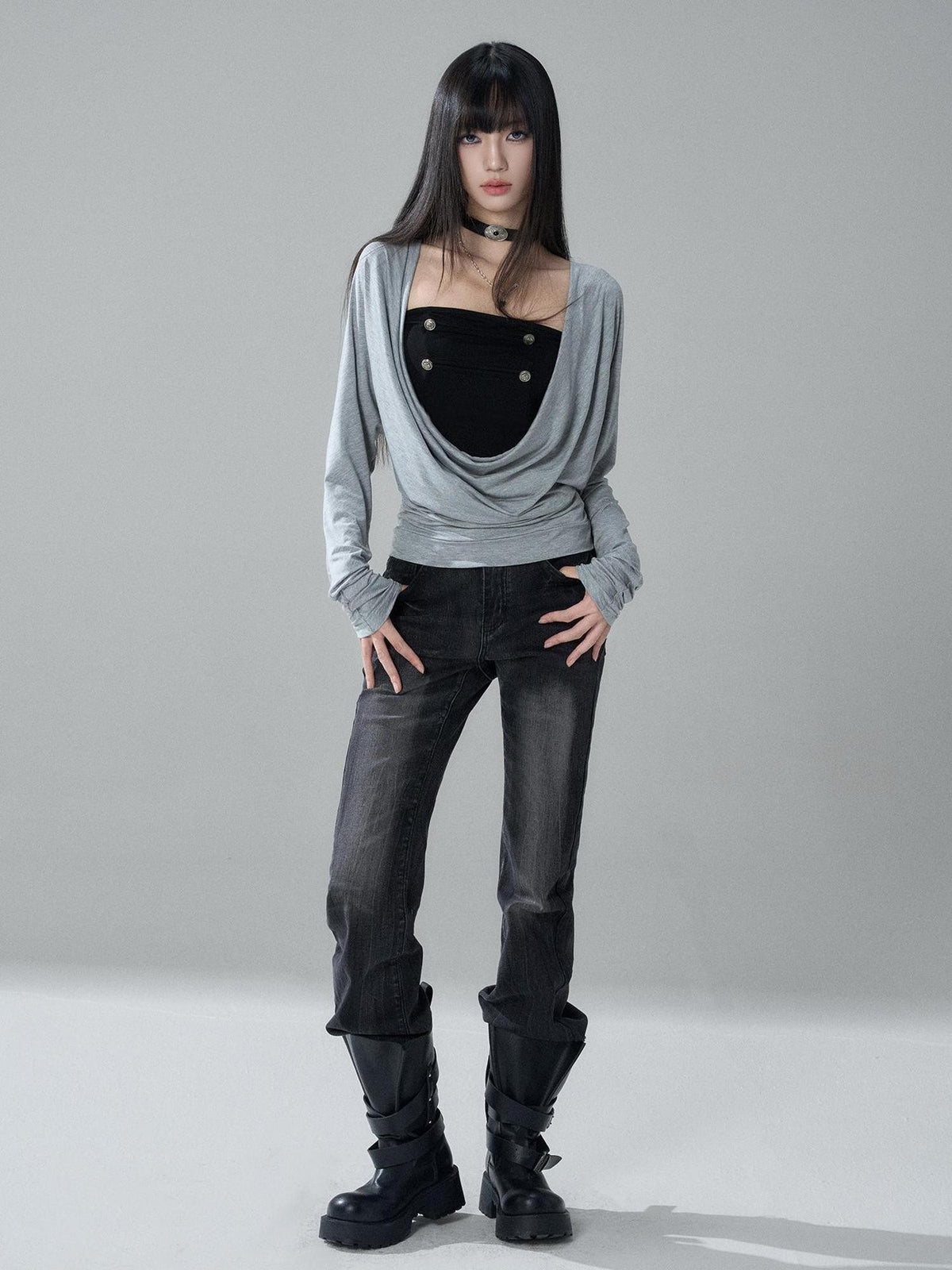 LADYGHOST Black Washed High Waist Pockets Women&