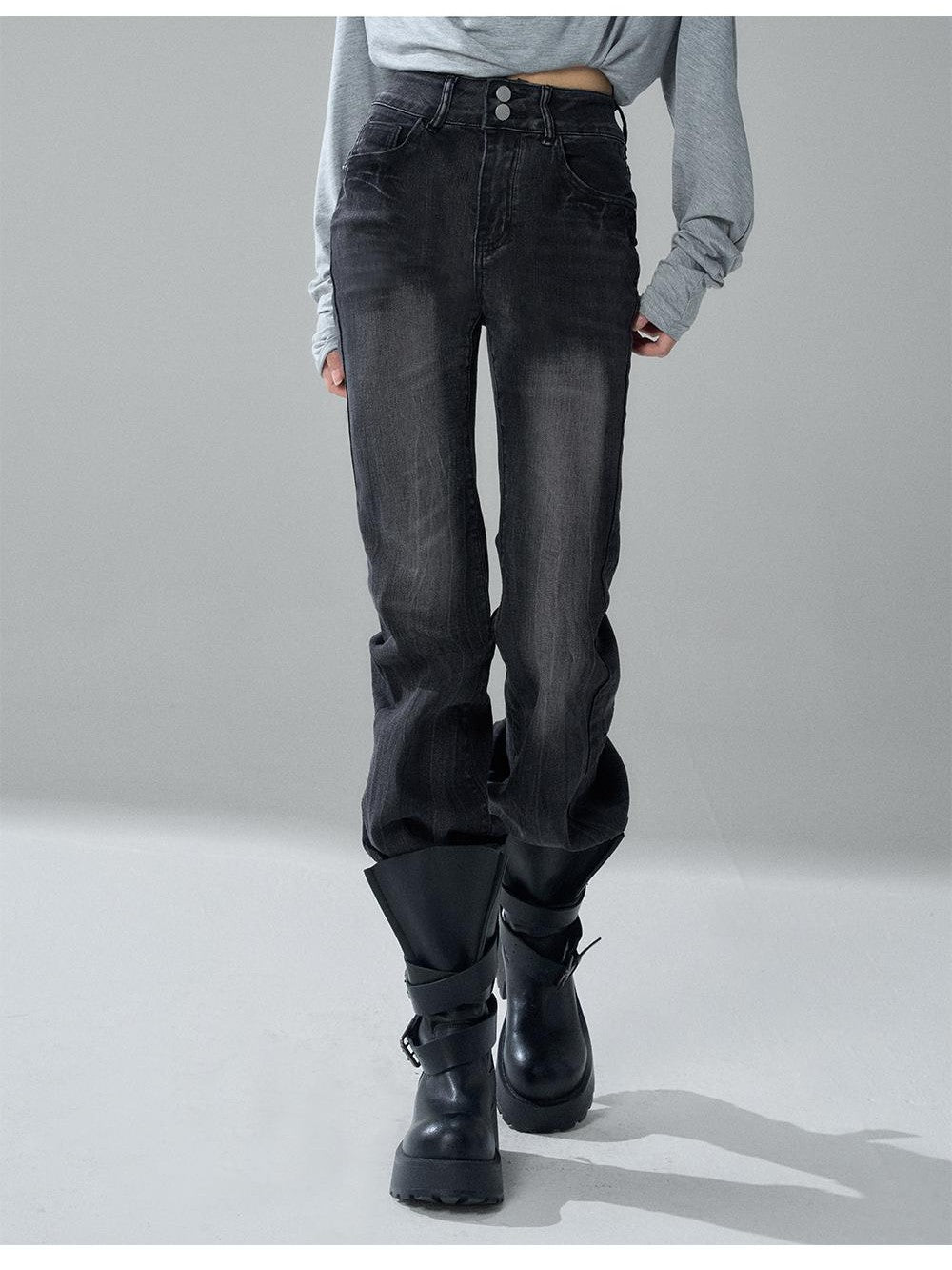 LADYGHOST Black Washed High Waist Pockets Women&
