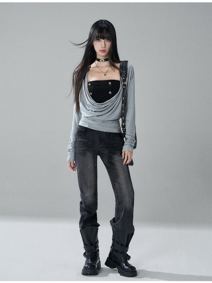 LADYGHOST Black Washed High Waist Pockets Women&