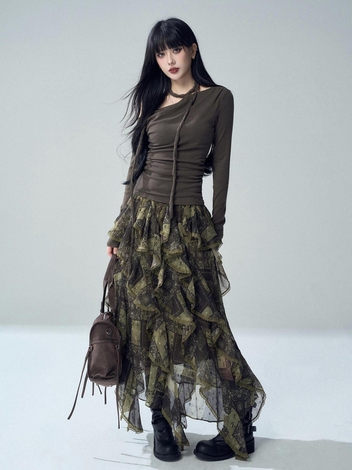 LADYGHOST Brown Asymmetric Ruffle Lace High Waist Women&