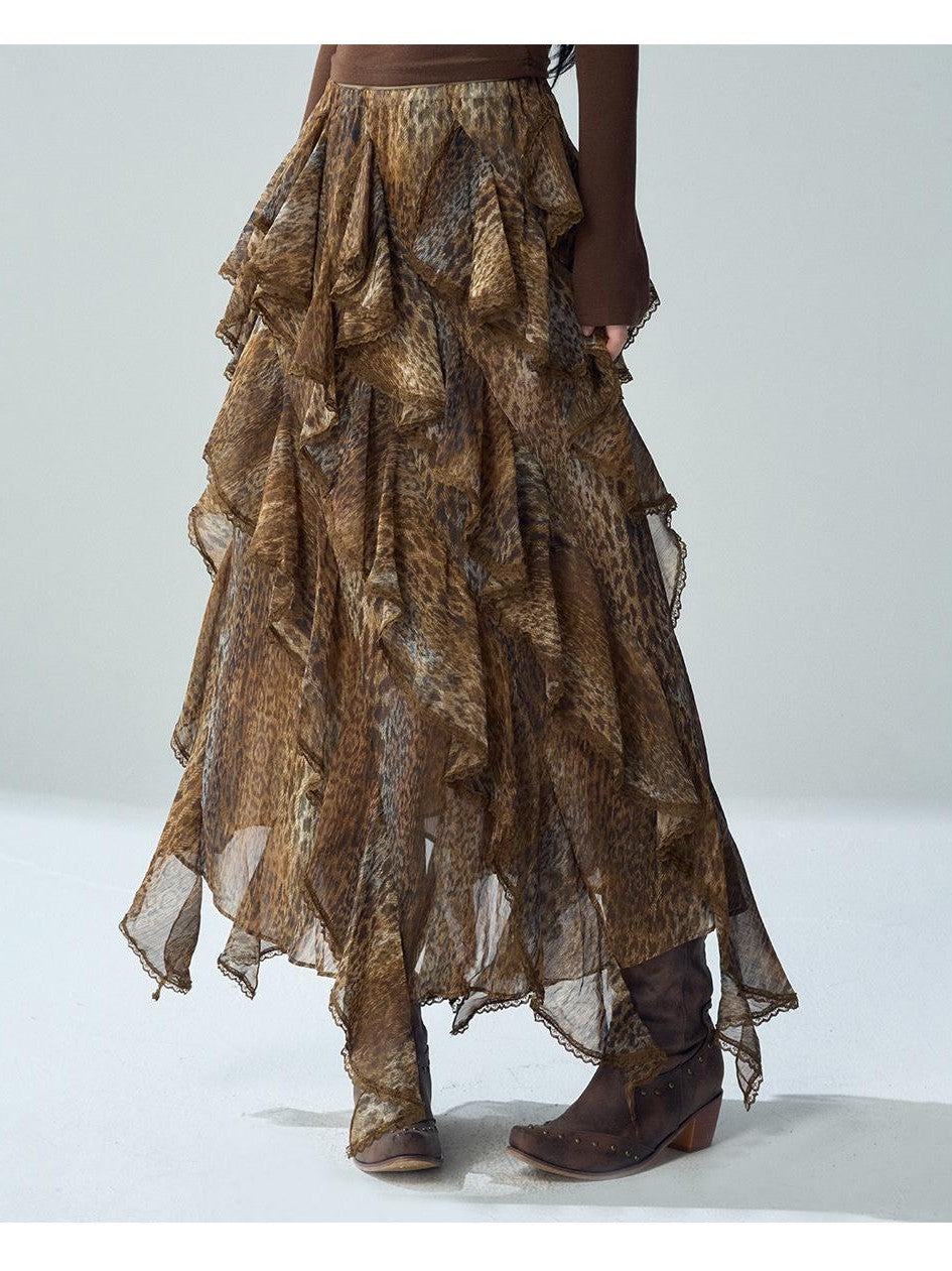 LADYGHOST Brown Asymmetric Ruffle Lace High Waist Women&