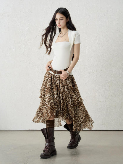 LADYGHOST Brown Leopard Print A Line Asymmetric Ruffle Women&