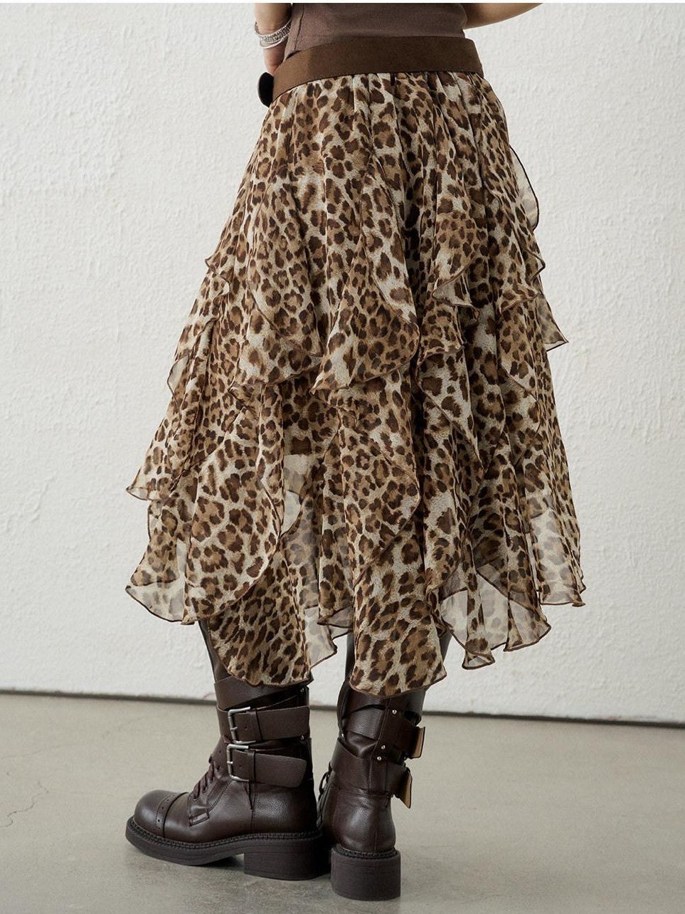 LADYGHOST Brown Leopard Print A Line Asymmetric Ruffle Women&
