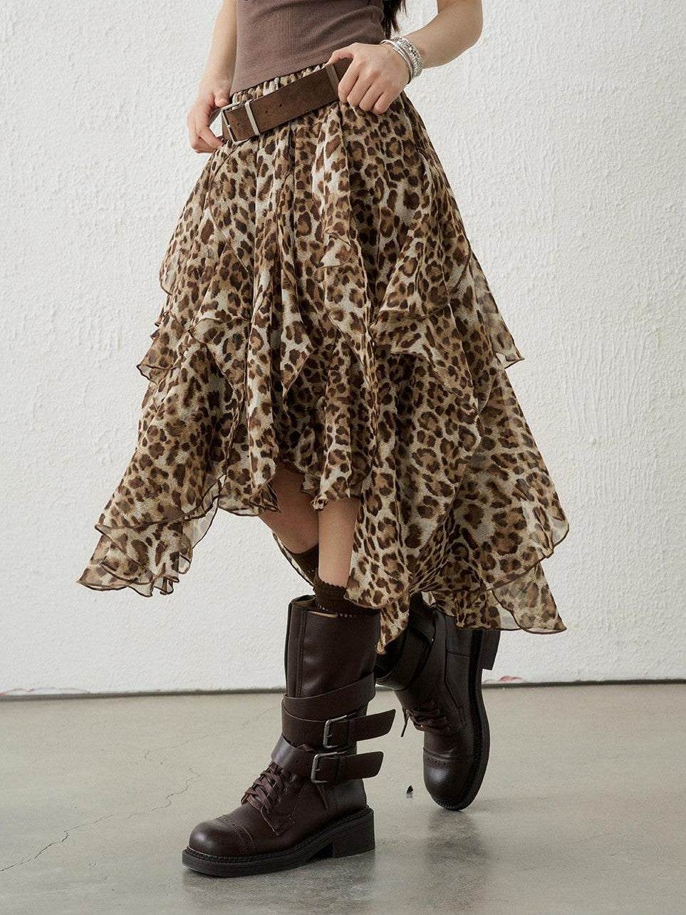 LADYGHOST Brown Leopard Print A Line Asymmetric Ruffle Women&