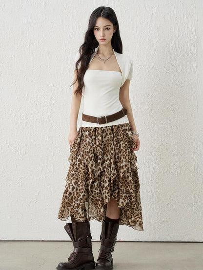 LADYGHOST Brown Leopard Print A Line Asymmetric Ruffle Women&
