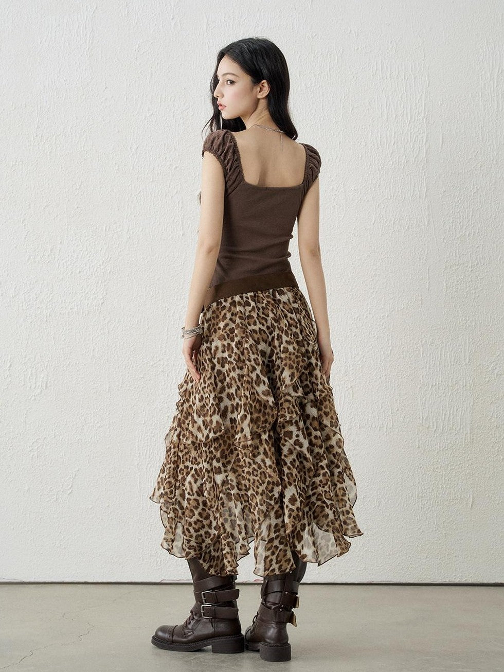 LADYGHOST Brown Leopard Print A Line Asymmetric Ruffle Women&
