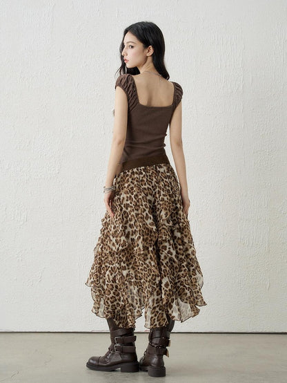 LADYGHOST Brown Leopard Print A Line Asymmetric Ruffle Women&