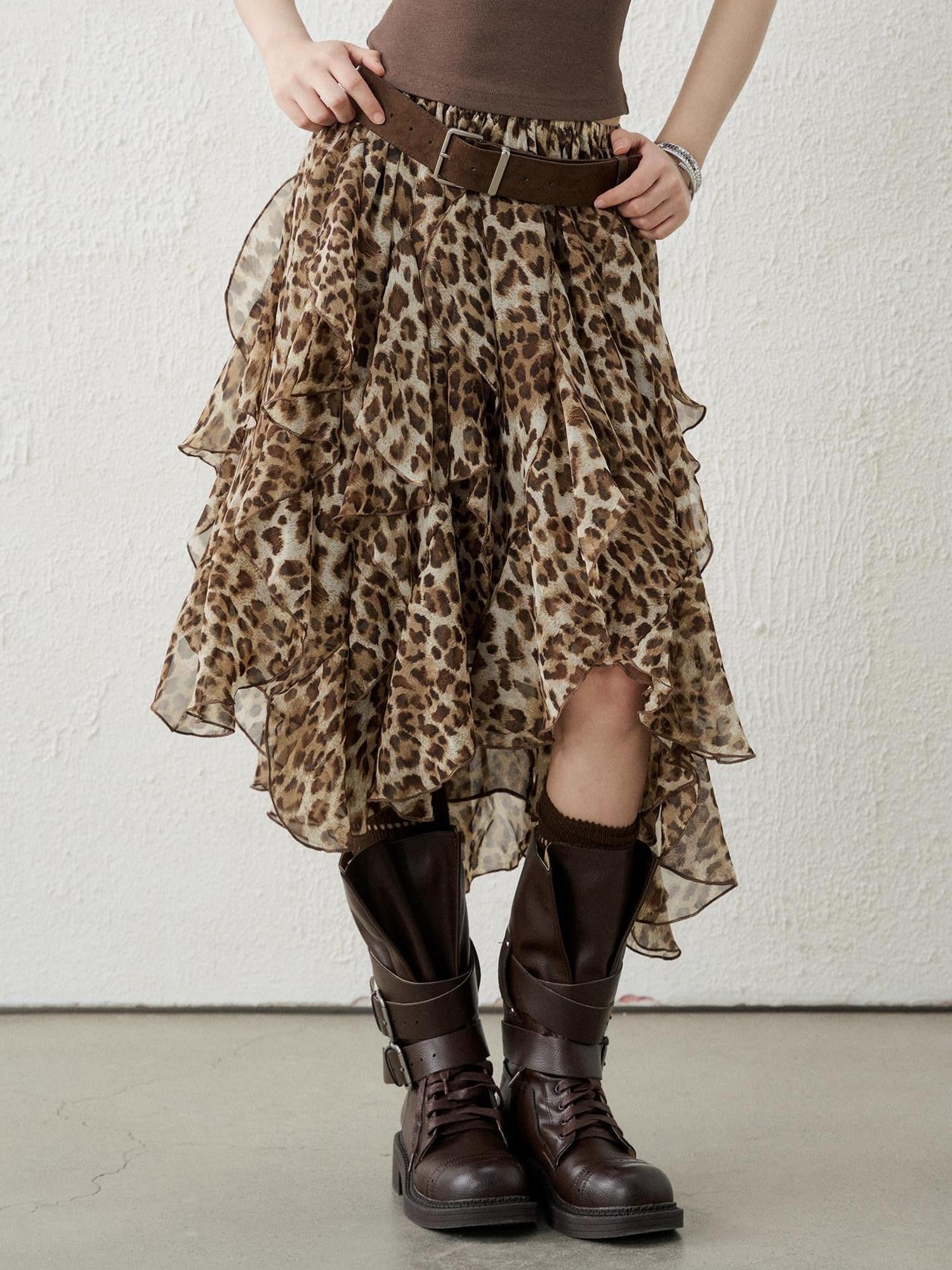 LADYGHOST Brown Leopard Print A Line Asymmetric Ruffle Women&