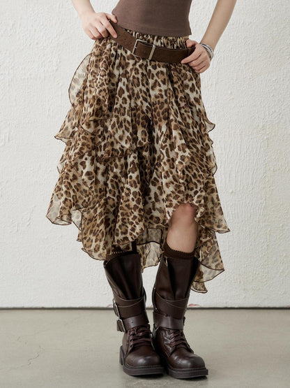 LADYGHOST Brown Leopard Print A Line Asymmetric Ruffle Women&