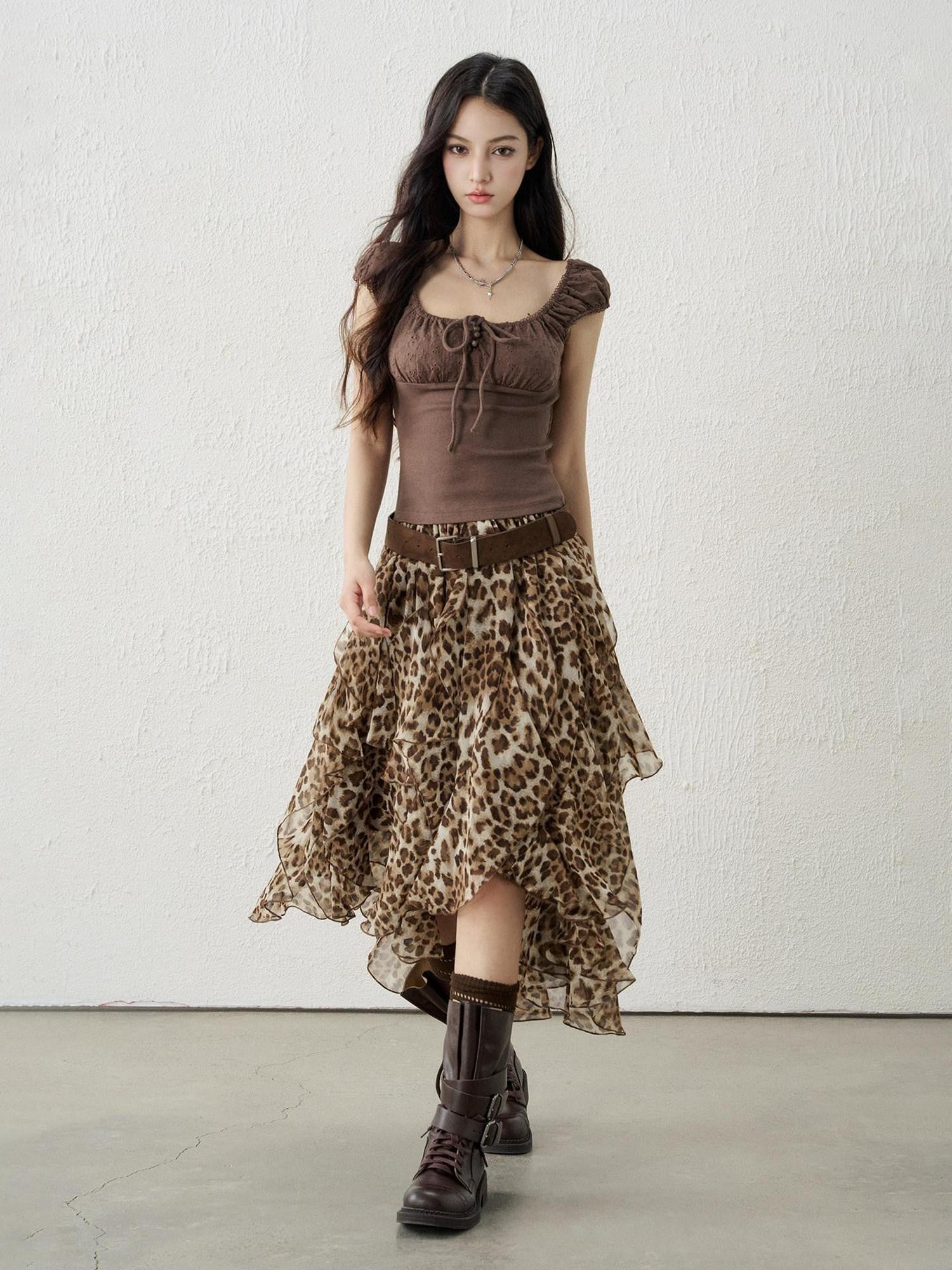 LADYGHOST Brown Leopard Print A Line Asymmetric Ruffle Women&