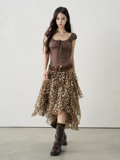 LADYGHOST Brown Leopard Print A Line Asymmetric Ruffle Women&