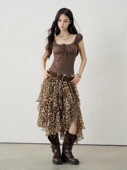 LADYGHOST Brown Leopard Print A Line Asymmetric Ruffle Women&