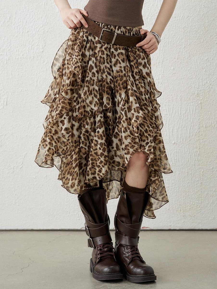 LADYGHOST Brown Leopard Print A Line Asymmetric Ruffle Women&