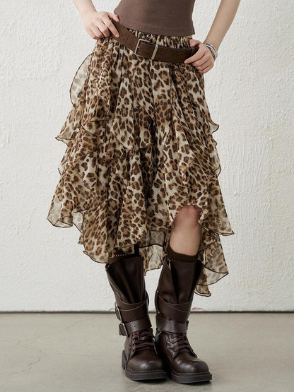 LADYGHOST Brown Leopard Print A Line Asymmetric Ruffle Women&