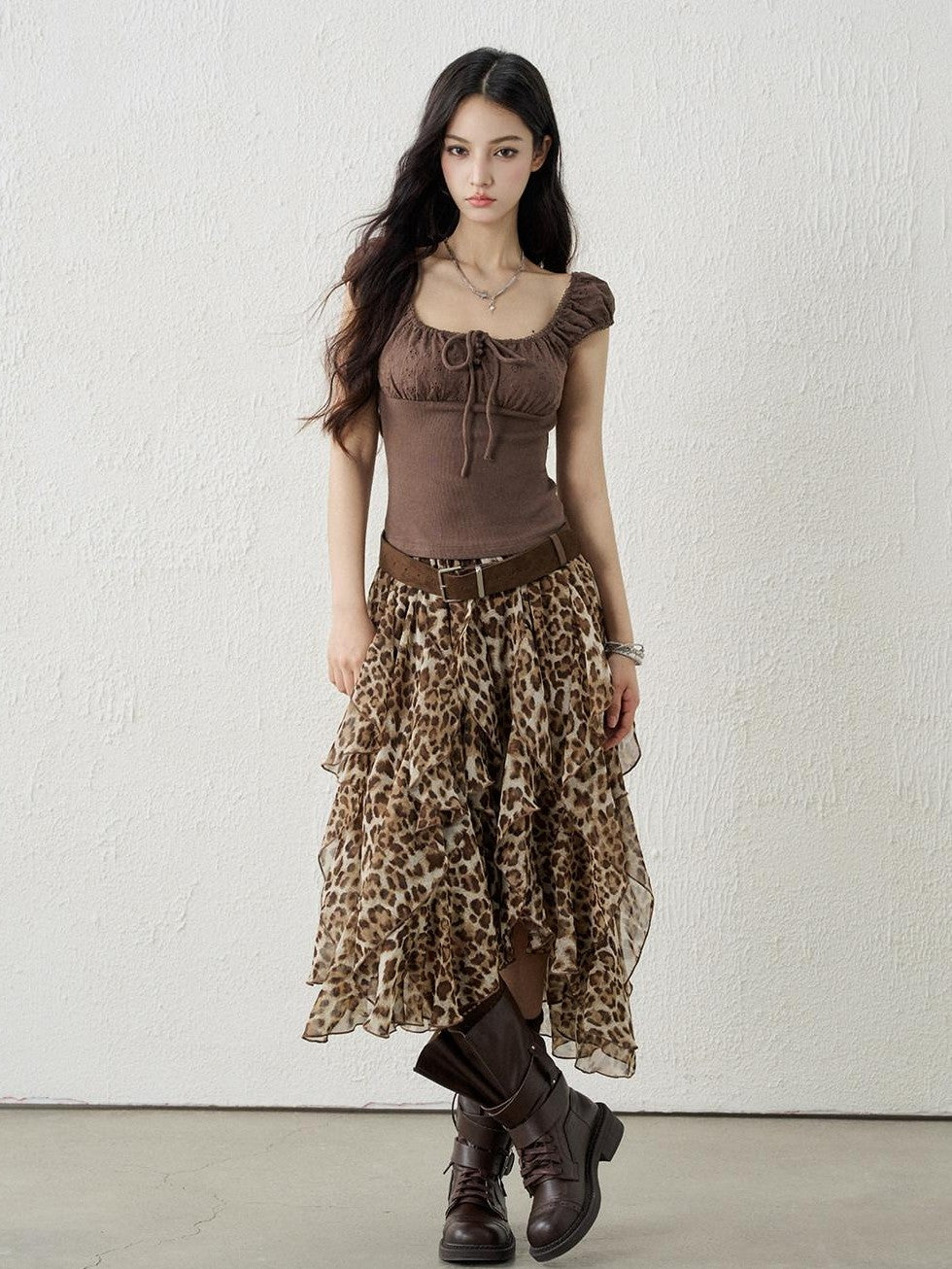 LADYGHOST Brown Leopard Print A Line Asymmetric Ruffle Women&