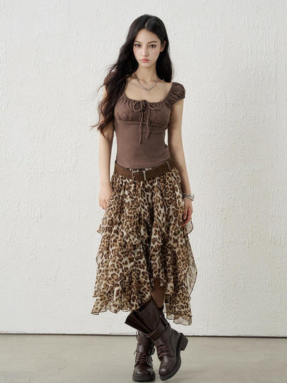 LADYGHOST Brown Leopard Print A Line Asymmetric Ruffle Women&
