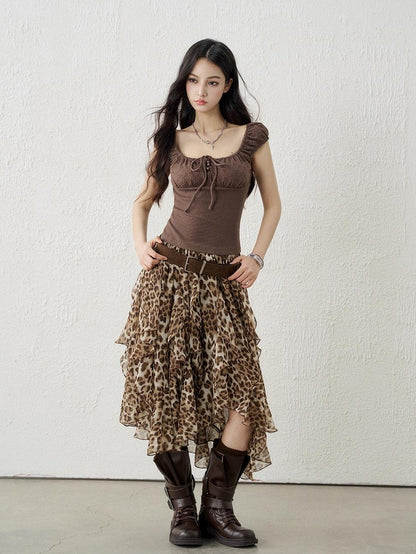 LADYGHOST Brown Leopard Print A Line Asymmetric Ruffle Women&