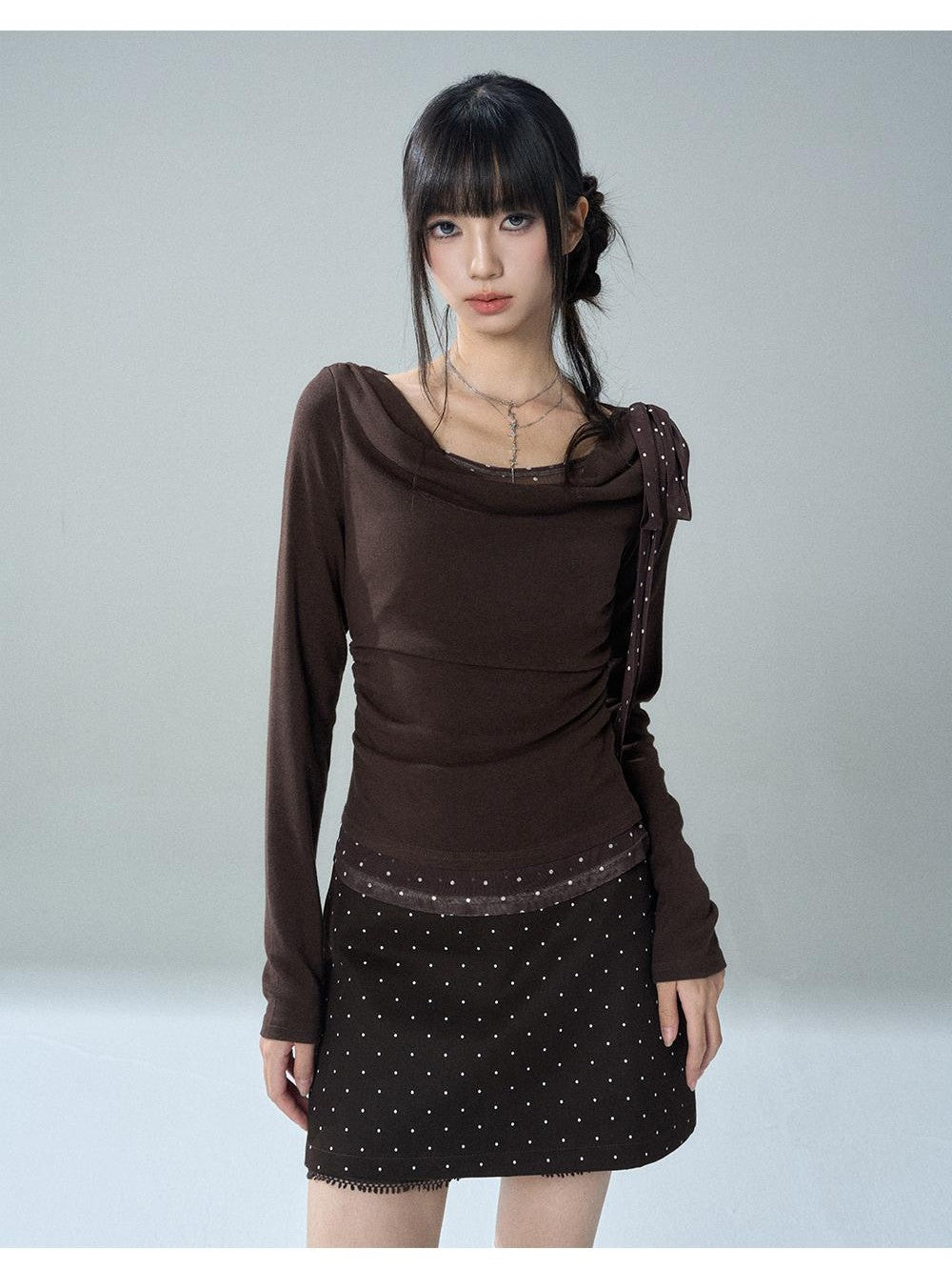 LADYGHOST Brown Polka Dot Lace Print Bodycon Women&