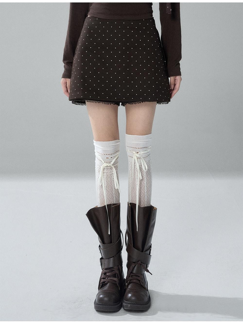 LADYGHOST Brown Polka Dot Lace Print Bodycon Women&