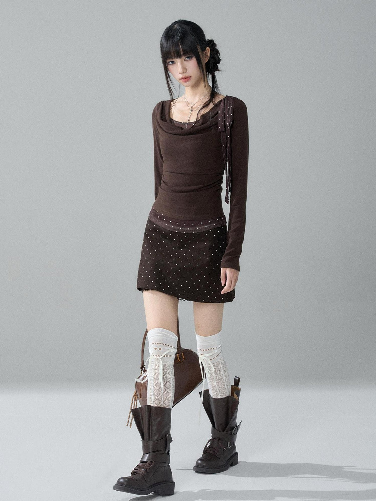 LADYGHOST Brown Polka Dot Lace Print Bodycon Women&