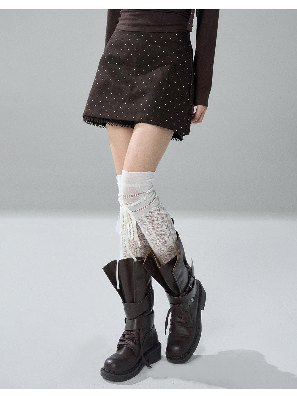 LADYGHOST Brown Polka Dot Lace Print Bodycon Women&