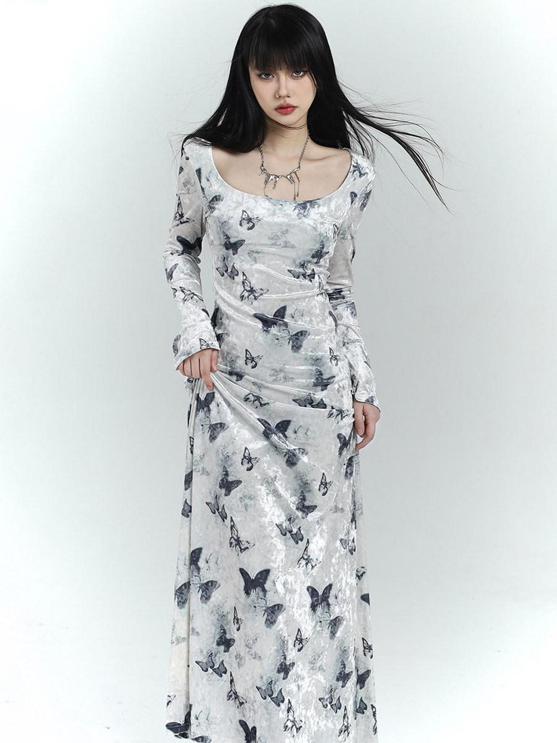 LADYGHOST Butterfly Print Long Sleeve New Chinese Women&