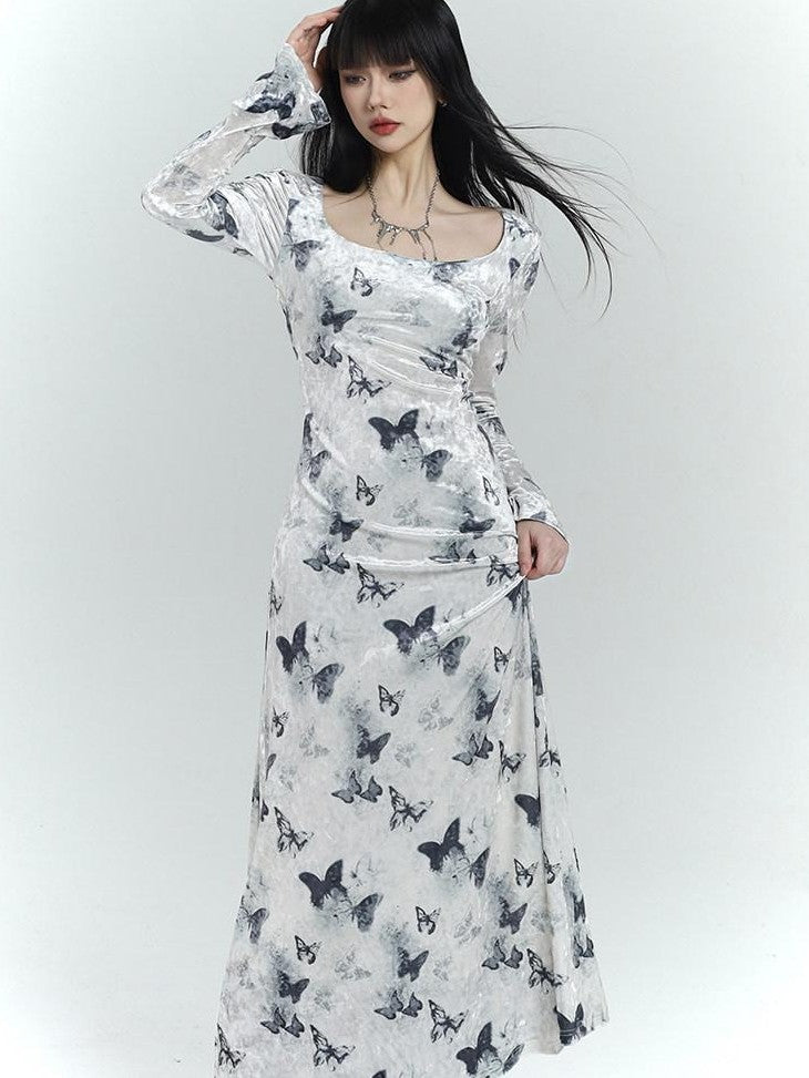 LADYGHOST Butterfly Print Long Sleeve New Chinese Women&